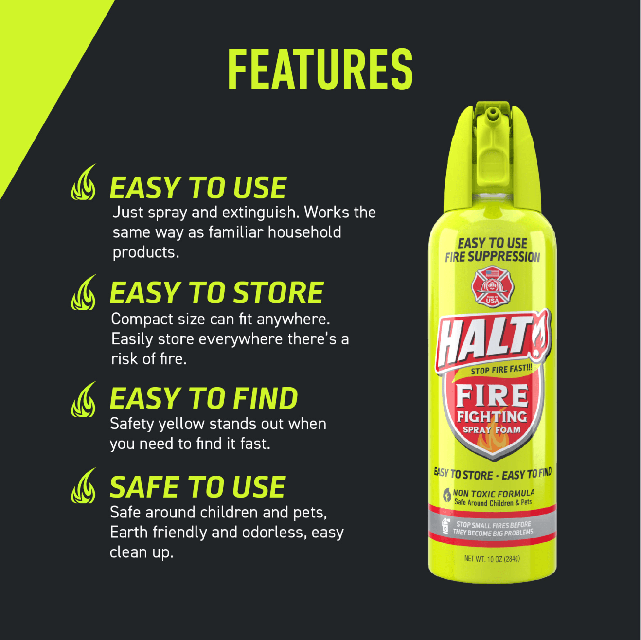 Compact, Non-Toxic Fire Suppressant – Easy to Use, Made in the USA – Halt